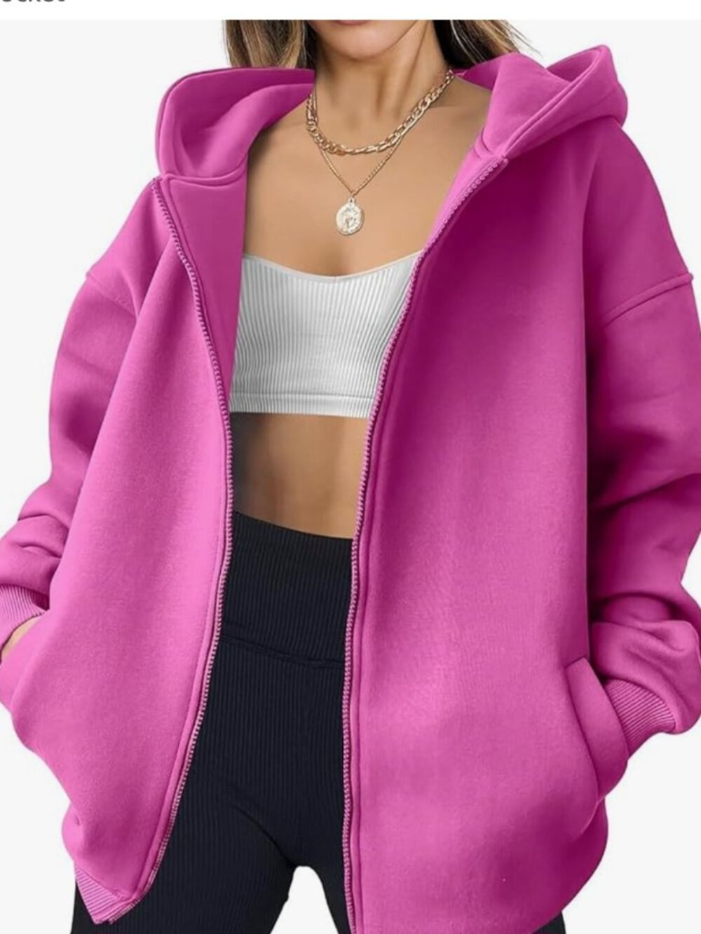 Women's Solid Color Zip-Up Hooded Loose Hot Pink Size S NEW